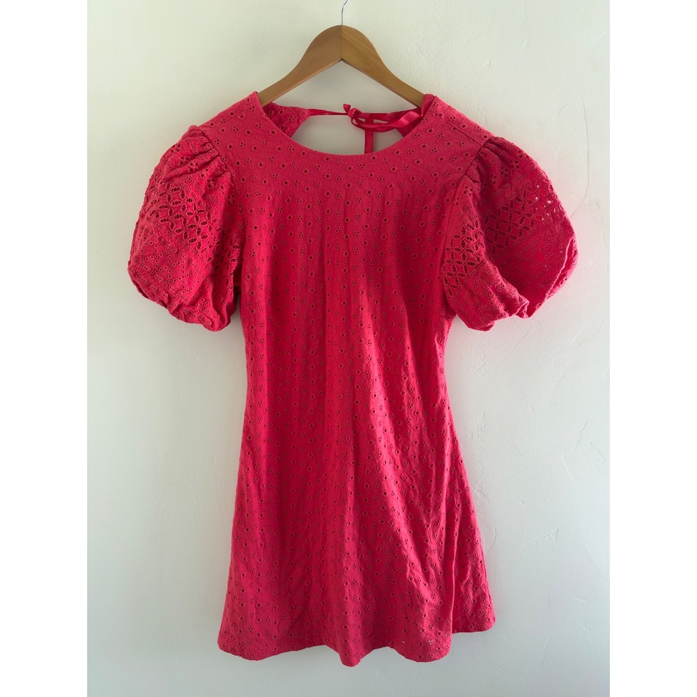 Free People Strawberry Spritz Pink Eyelet Puff Sleeve Open Back Mini Dress S